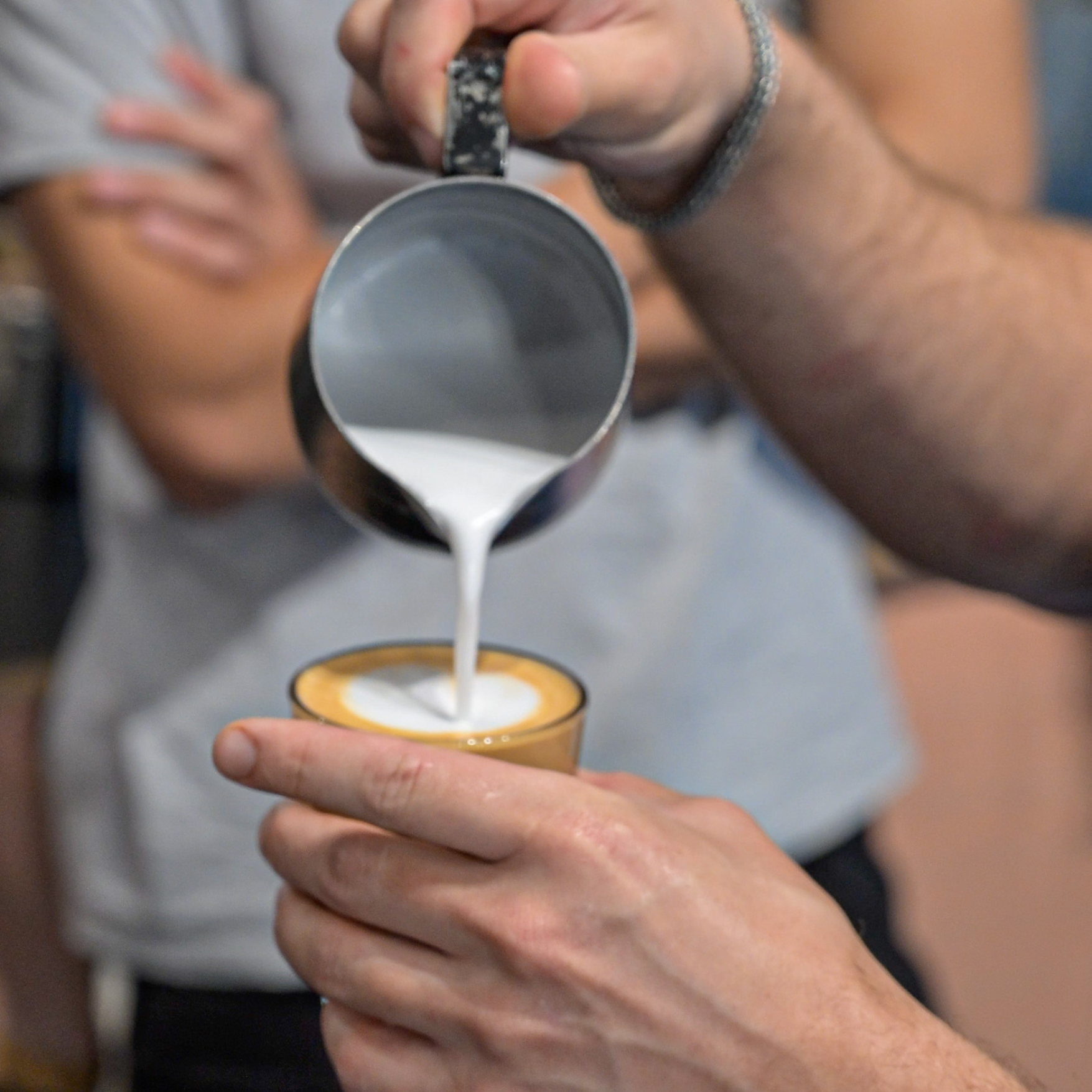 Close-up of hands pouring microfoam for latte art at Sydney barista training